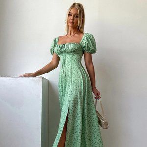 PARTHEA | Ditsy Floral Puff Sleeve High Split Maxi Dress | Size Large